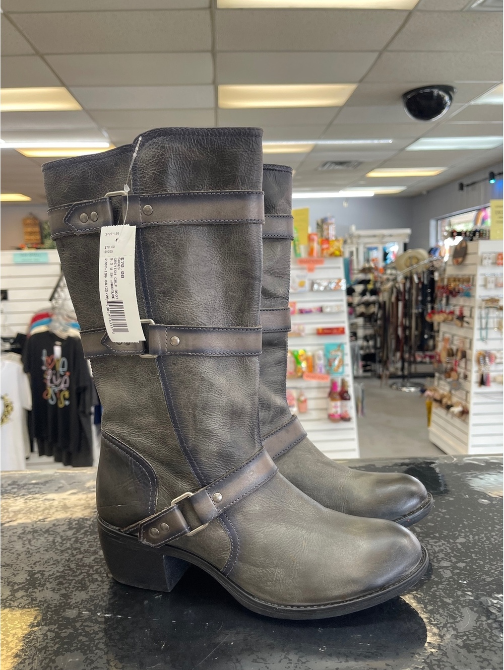 Women's Knee-High Black Leather Boots with Buckle Straps